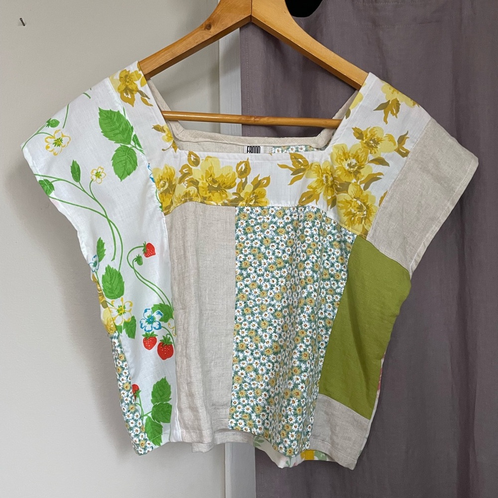 Patchwork Floral Linen Blend Women's Top in Yellow and Green